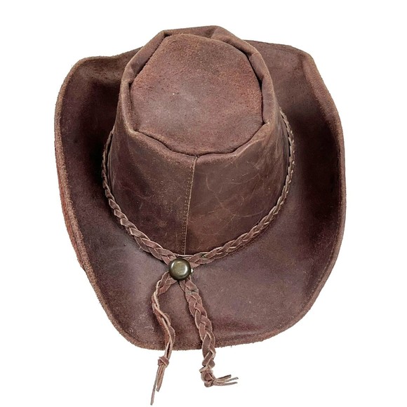 Unisex Brown Genuine Leather Western Hat Small Country Braided Metal Star Texas main image 7